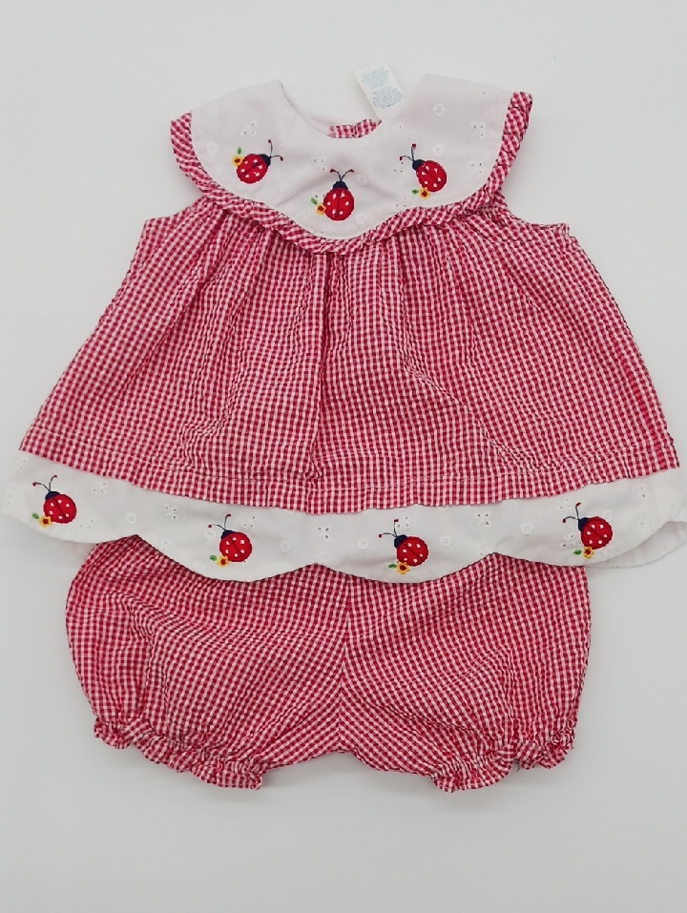 Little Bitty VIntage Baby Girl Red Gingham Shorts Outfit w/ Ladybugs (12M)